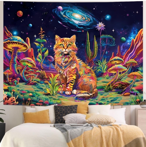 XL Colorful Space Kitty Mushroom Galaxy Blacklight Wall Tapestry Black Light Cat - Picture 8 of 13
